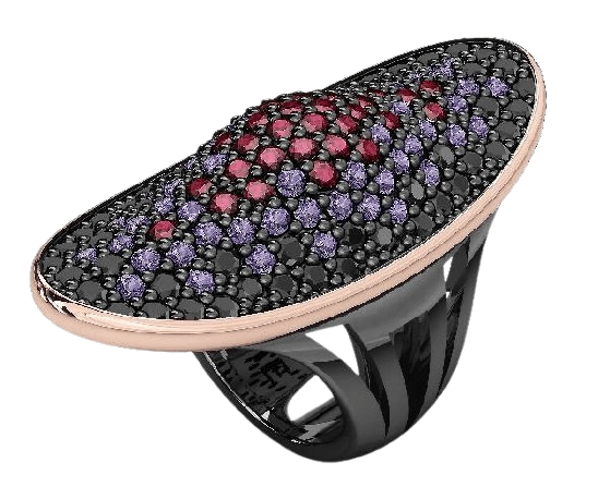 Silver Ring Gold Black Spinels Red and Amethyst CZ